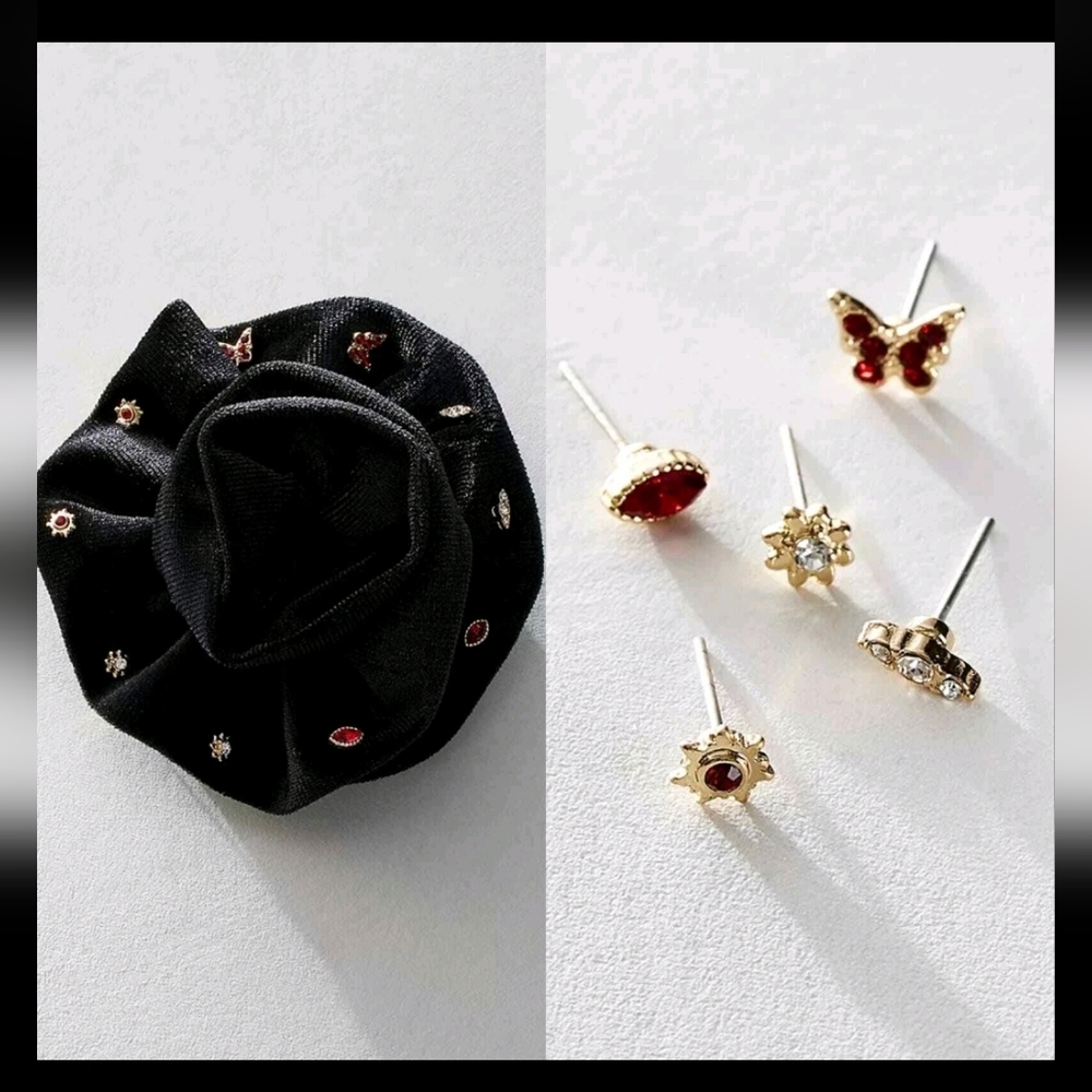 Free People Black Velvet Floral Brooch with Gold Pin NWT